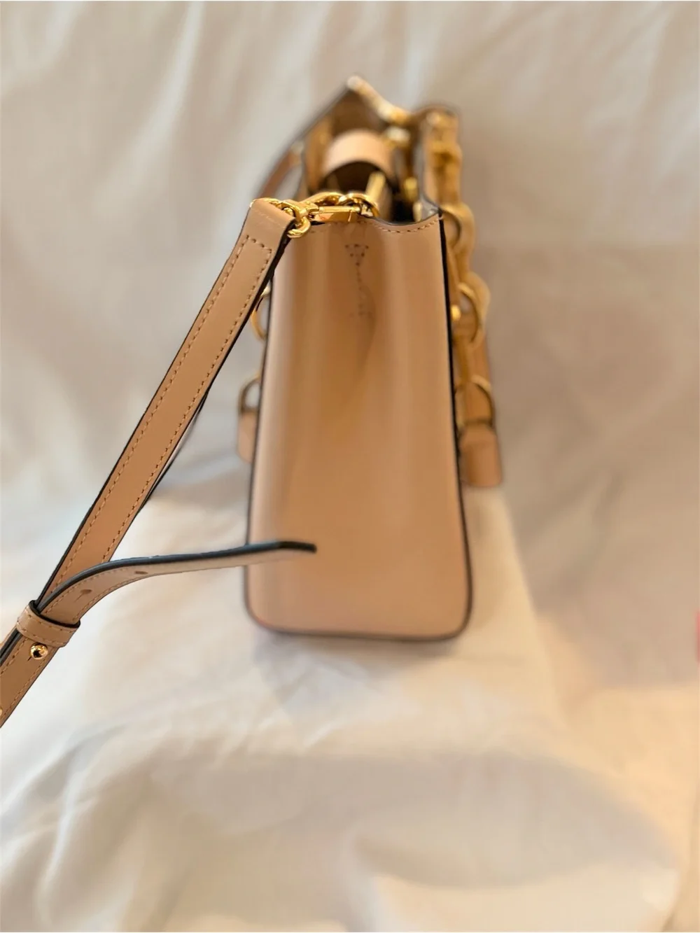 Michael Kors Nude Beige Leather Tote with Gold Chain Accents